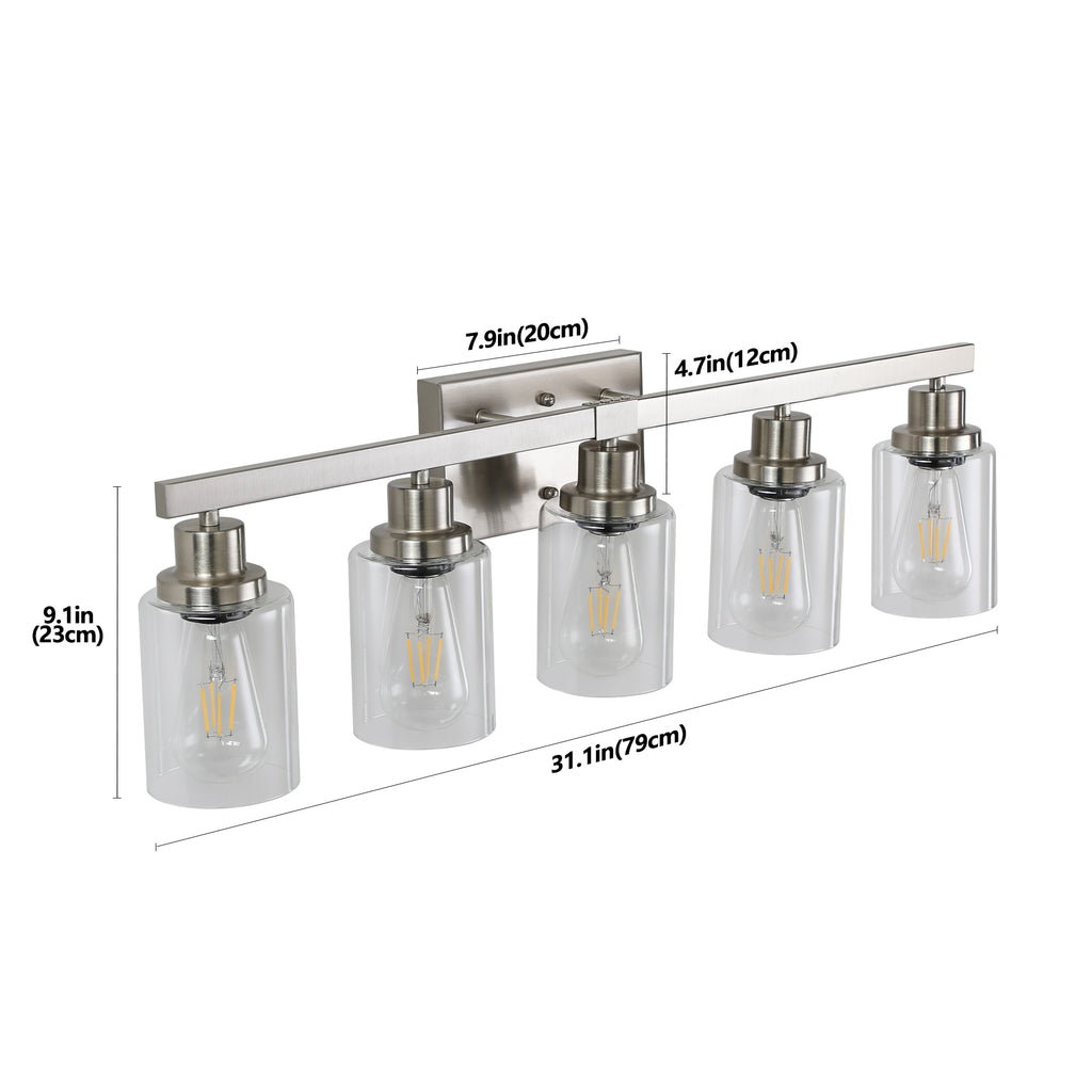 31  Modern 5-Light Bathroom Vanity Light Fixture - Brushed Nickel Finish With Clear Glass Shades, Perfect For Bathroom, Vanity, And Dressing Area Lighting  No Bulbs