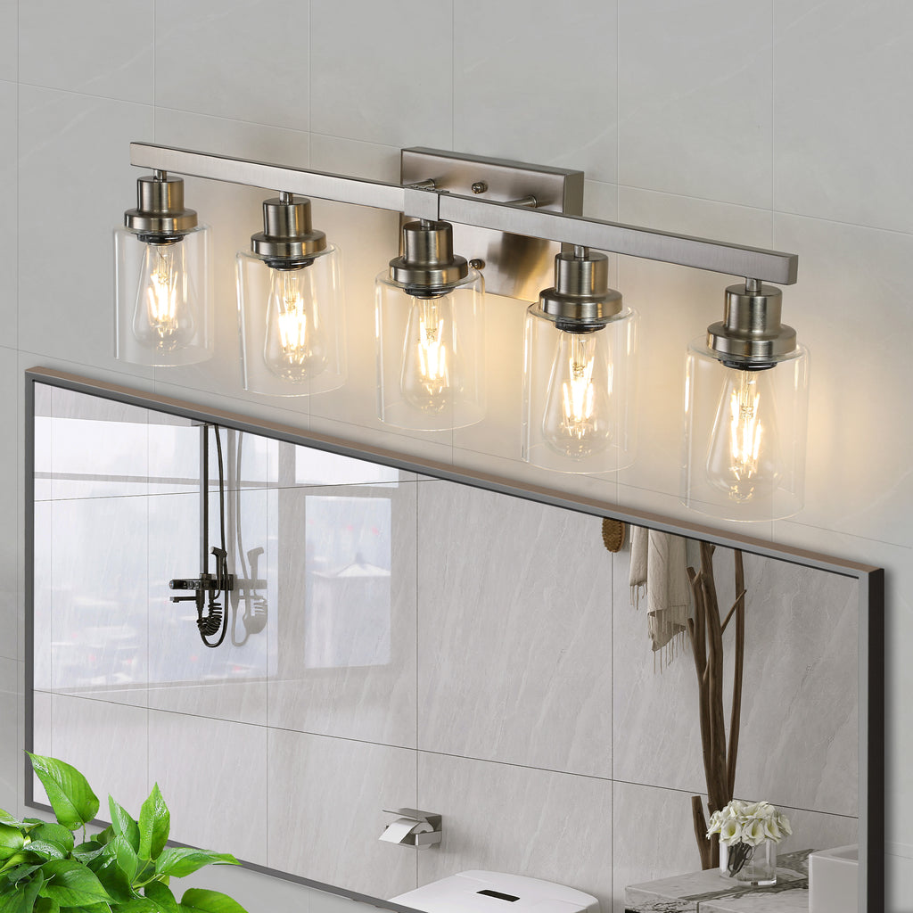 31  Modern 5-Light Bathroom Vanity Light Fixture - Brushed Nickel Finish With Clear Glass Shades, Perfect For Bathroom, Vanity, And Dressing Area Lighting  No Bulbs