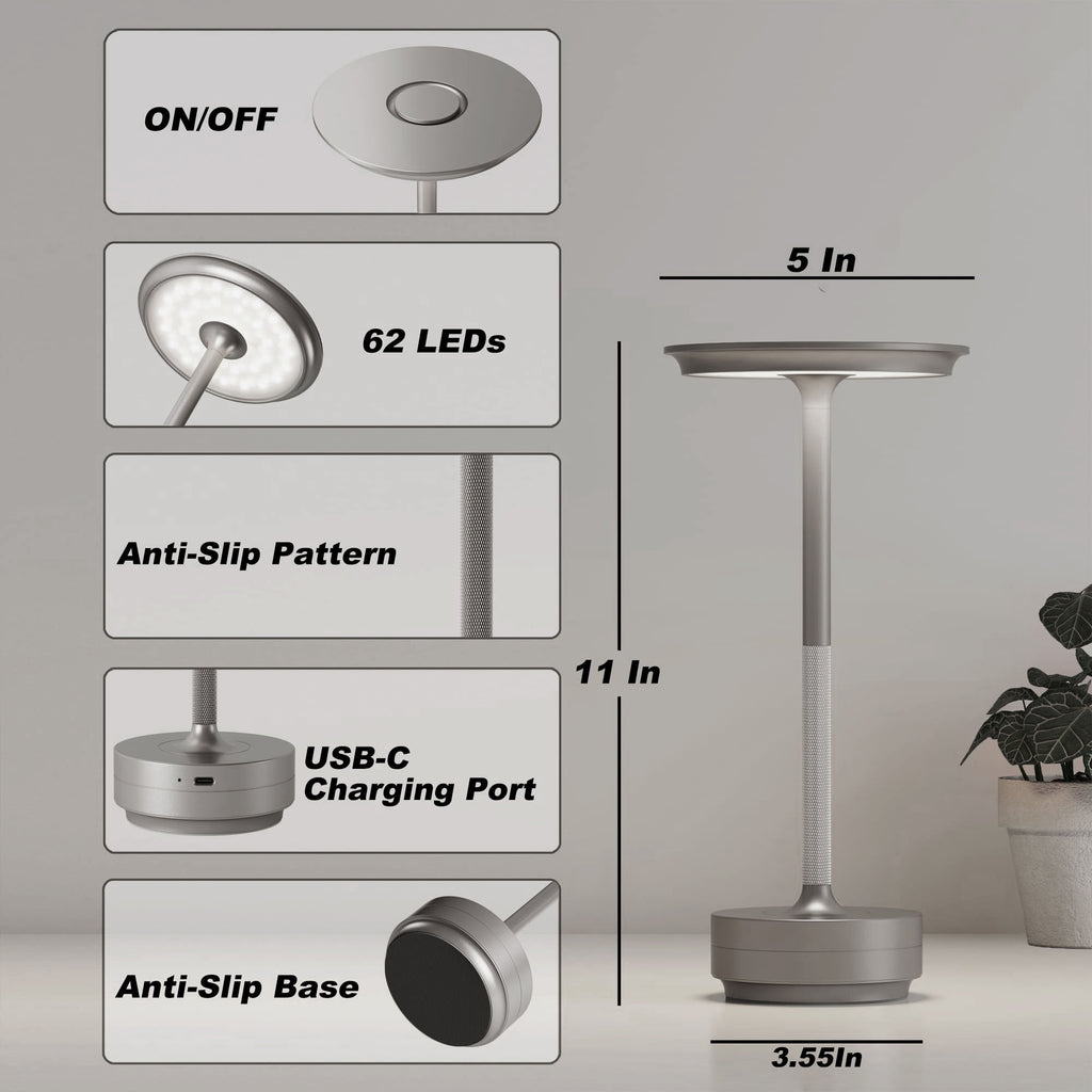 LumisAxon Cordless Aluminum LED Table Lamp - Portable Rechargeable Touch Dimming Bedside Light | Waterproof Outdoor Wireless Desk Lamp for Restaurant, Bar, Camping - 11" Minimalist Metal Nightlight