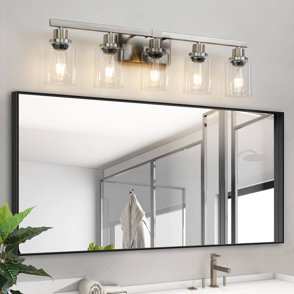 31  Modern 5-Light Bathroom Vanity Light Fixture - Brushed Nickel Finish With Clear Glass Shades, Perfect For Bathroom, Vanity, And Dressing Area Lighting  No Bulbs
