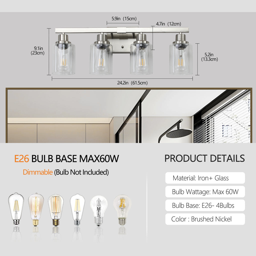 24  Modern 4-Light Bathroom Vanity Light Fixture - Brushed Nickel Finish With Clear Glass Shades, Perfect For Bathroom, Vanity, And Dressing Area Lighting No Bulbs
