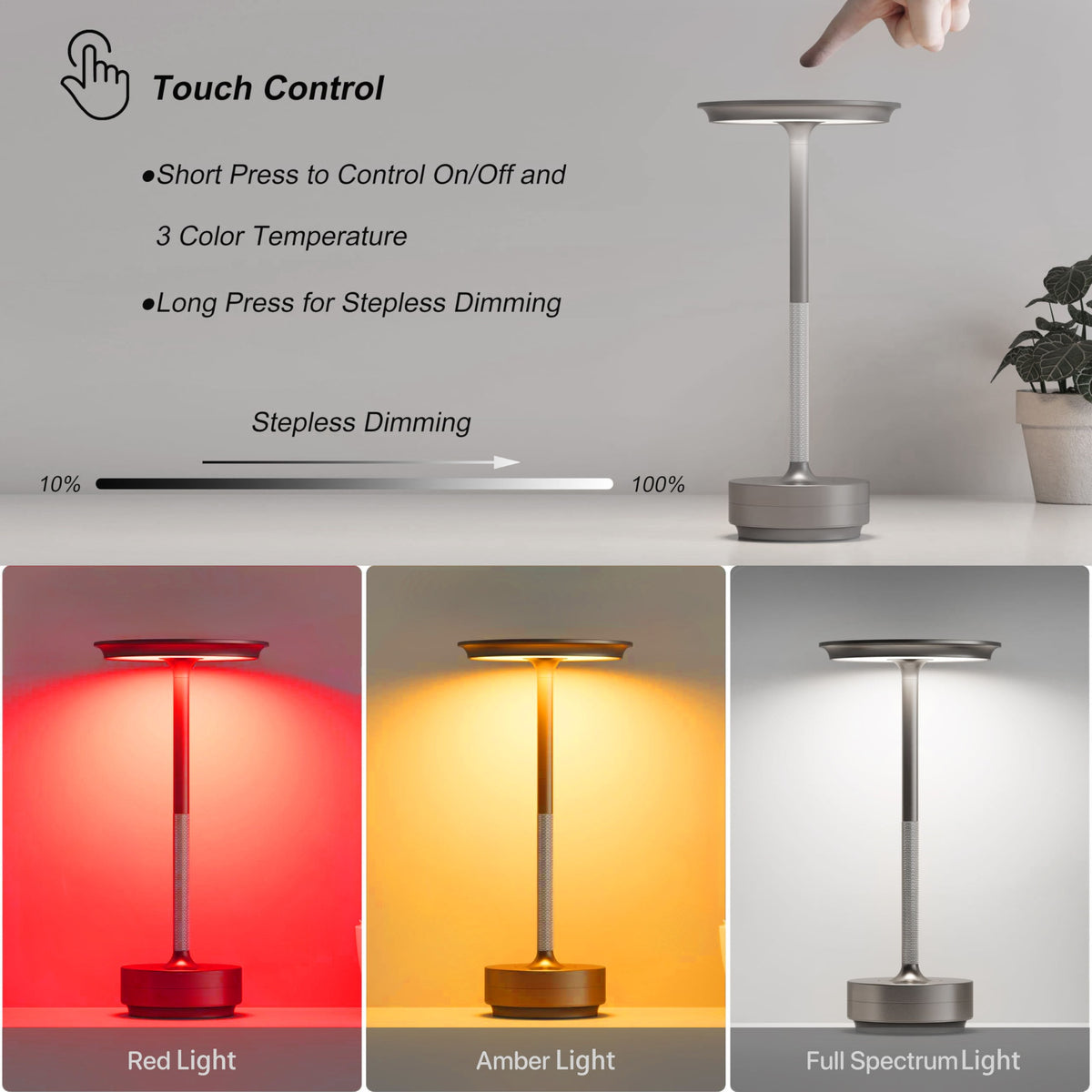 LumisAxon Cordless Aluminum LED Table Lamp - Portable Rechargeable Touch Dimming Bedside Light | Waterproof Outdoor Wireless Desk Lamp for Restaurant, Bar, Camping - 11" Minimalist Metal Nightlight