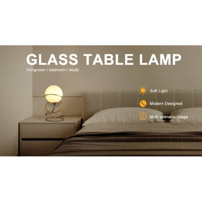 Lumisaxon | 13.5 H Glass Globe Matte Gold Spiral 4 Ring Metal Stand Table Lamp For Living Room, Nightstand Bedside Table Lamp For Bedroom, Led Lamp