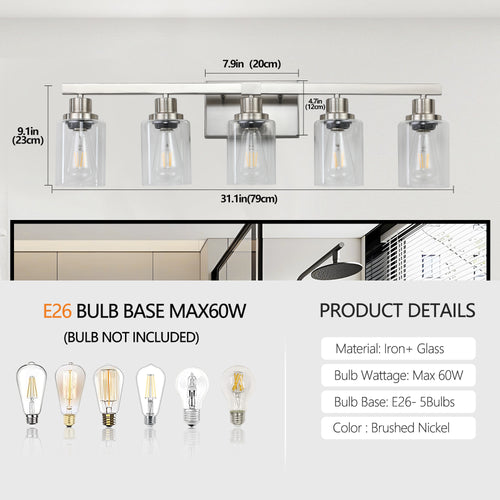 31  Modern 5-Light Bathroom Vanity Light Fixture - Brushed Nickel Finish With Clear Glass Shades, Perfect For Bathroom, Vanity, And Dressing Area Lighting  No Bulbs
