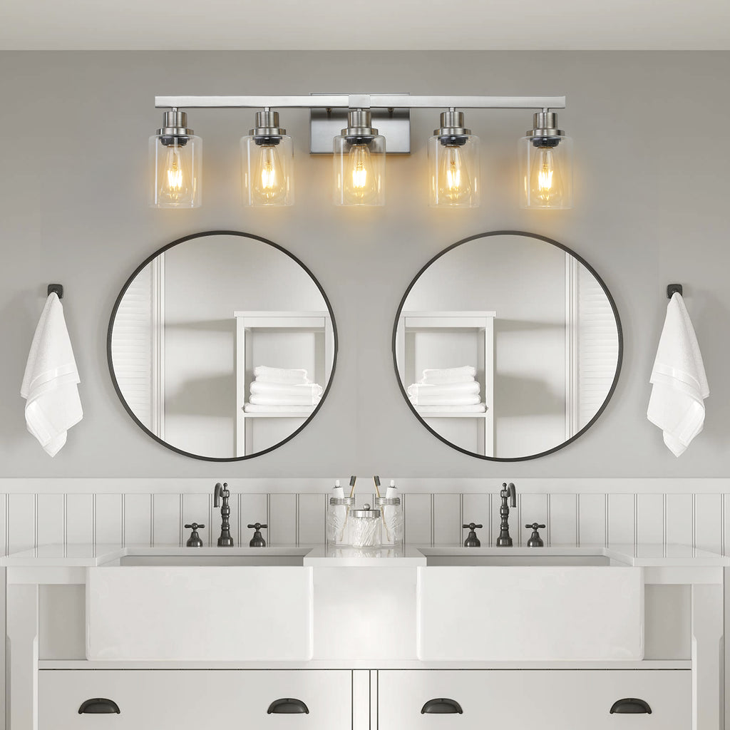31  Modern 5-Light Bathroom Vanity Light Fixture - Brushed Nickel Finish With Clear Glass Shades, Perfect For Bathroom, Vanity, And Dressing Area Lighting  No Bulbs