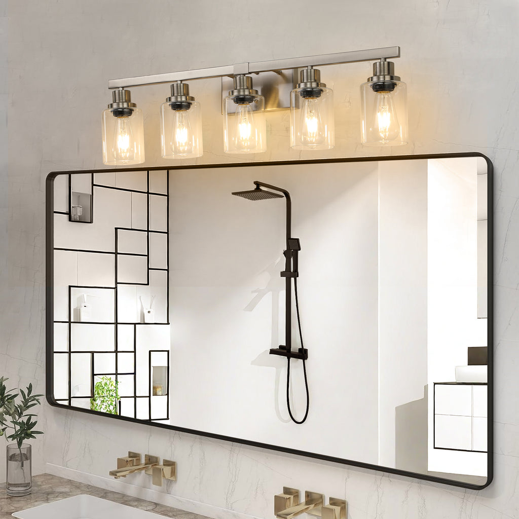 31  Modern 5-Light Bathroom Vanity Light Fixture - Brushed Nickel Finish With Clear Glass Shades, Perfect For Bathroom, Vanity, And Dressing Area Lighting  No Bulbs