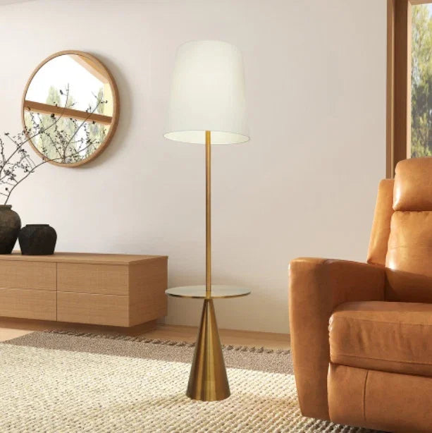 Lumisaxon | Celestial Modern Floor Lamp With Brass Accent Table With Large White Shade